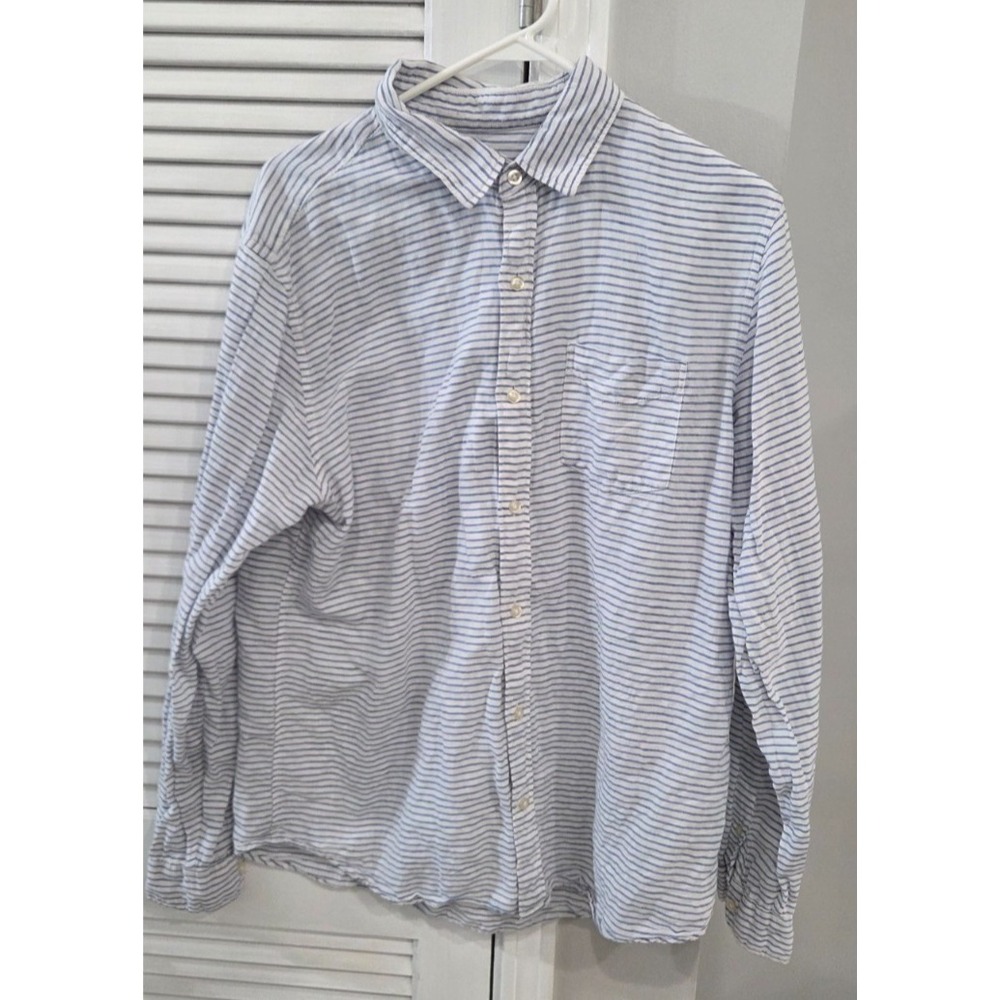 Gap Mens Blue White Striped Long-Sleeve Button-Down Linen Cotton Shirt Large L